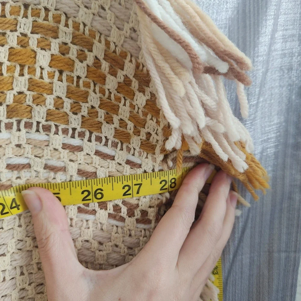 Vintage Woven Striped Throw Blanket Mustard Cream Brown Boho Earthy Fringe 45x56
